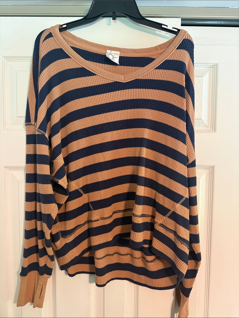 aerie Navy and Camel Striped Waffle-Knit Pullover